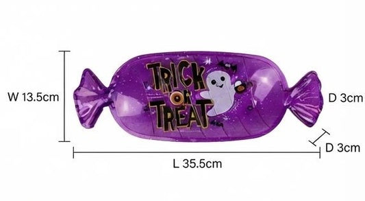 Purple fish-shaped Halloween candy serving tray with Trick or Treat ghost graphic