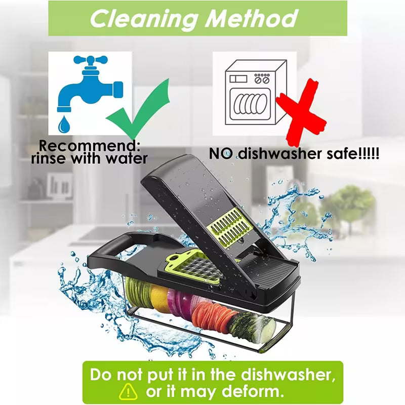 Vegetable and salad chopper shown with water splashing over the green blade insert.