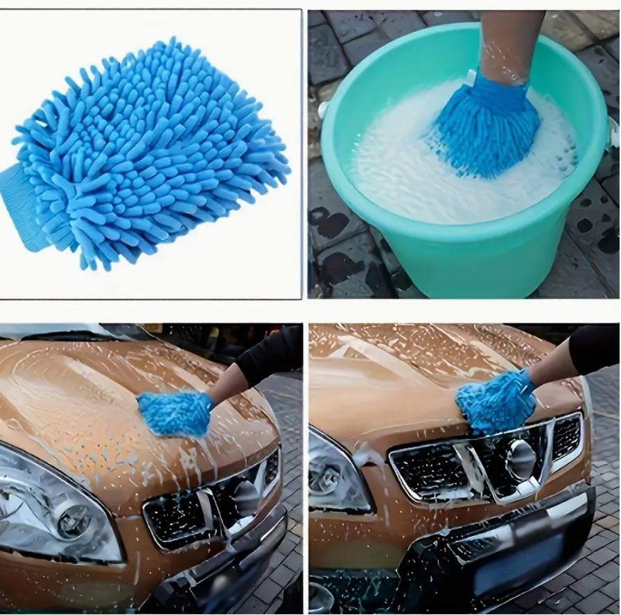 Blue chenille microfiber mitt with looped texture used on car and in water