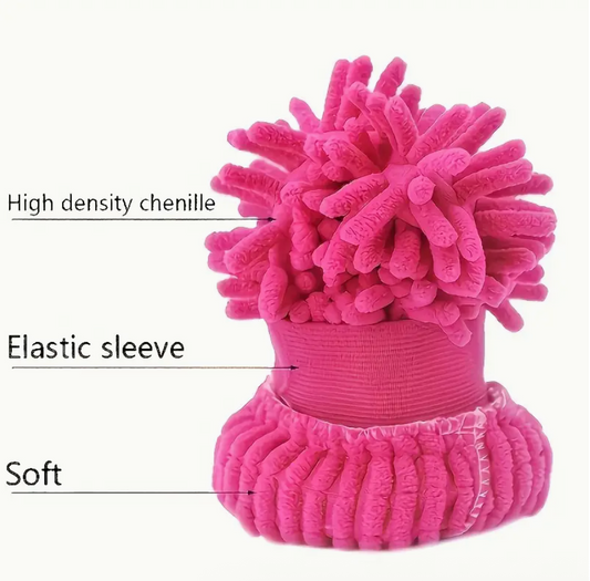 Pink chenille microfiber cleaning mitt with elastic sleeve and dense pile