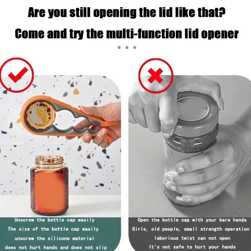 Jar and bottle opener tool held over a jar lid, demonstrating twist action