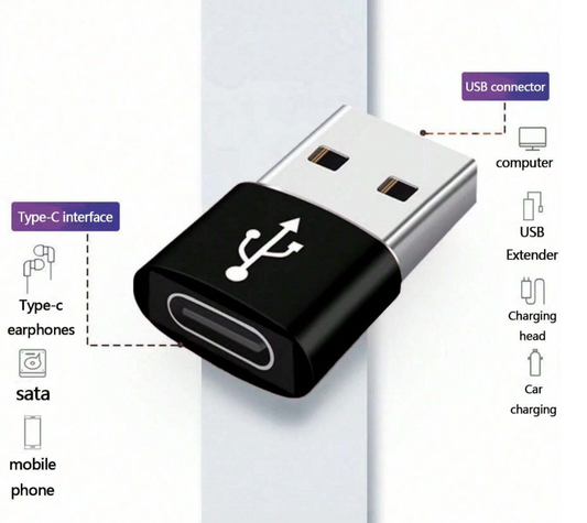 USB-A to Type-C adapter with black housing and silver USB-A plug, Type-C end visible