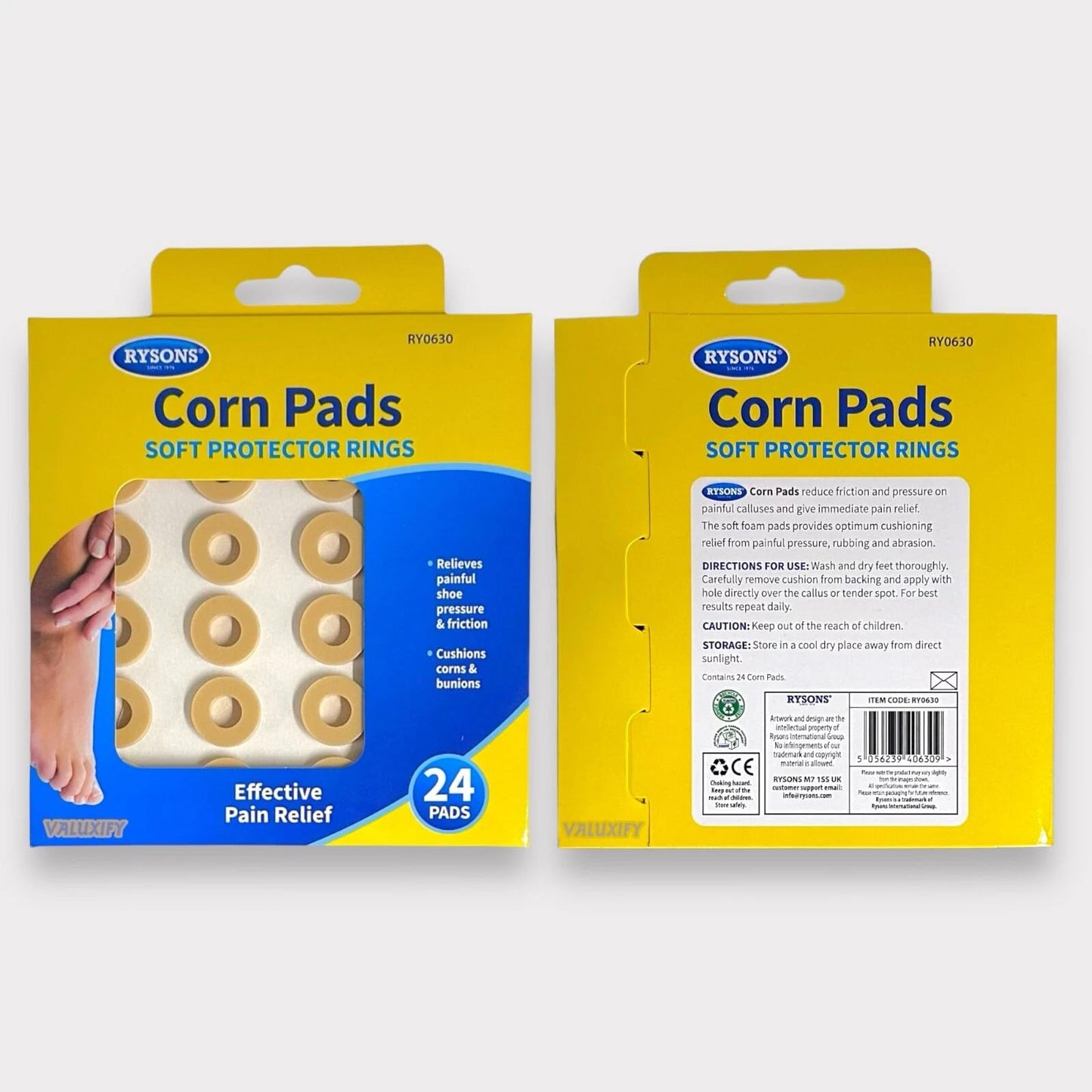 RYSONS corn pads soft protector rings package front and back with circular pad inserts