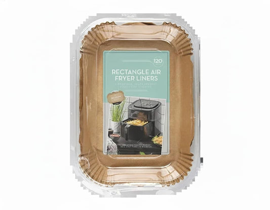 Rectangular air fryer liner, tan paper with ridged edges, disposable liner set