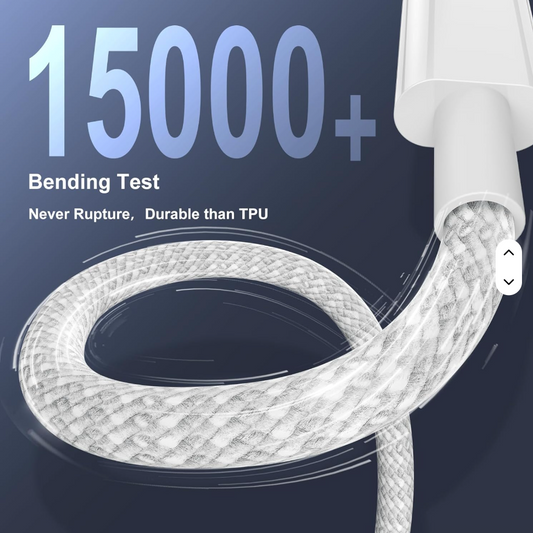 White braided USB-C to USB-C cable shown in a curved bend shape