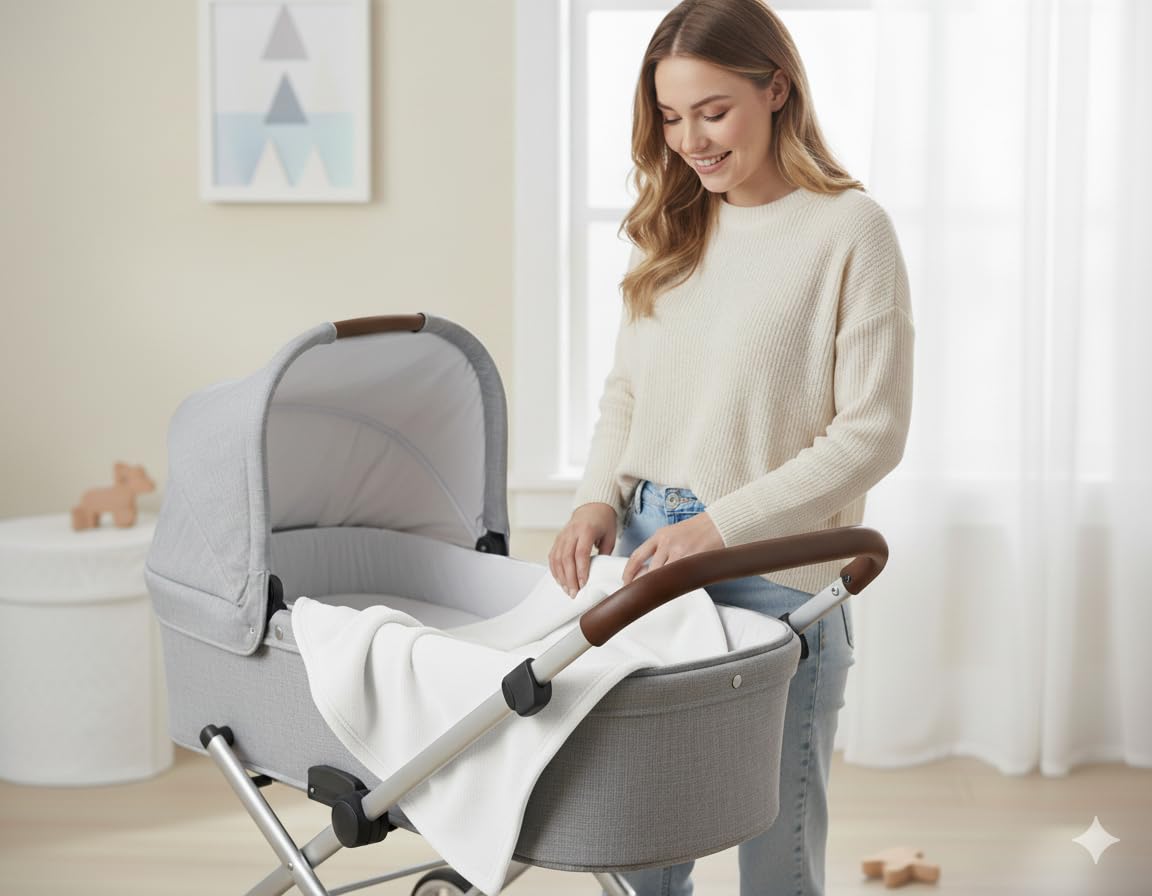 Baby fleece blanket in pram, white