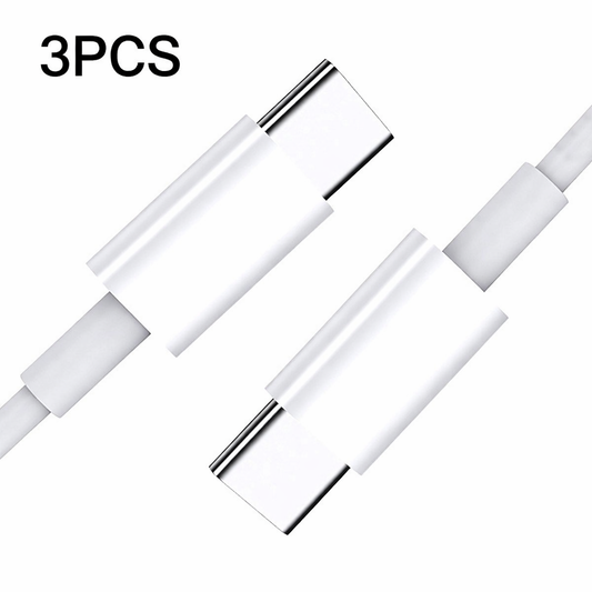 Three white USB-C to USB-C cable ends with metal connectors
