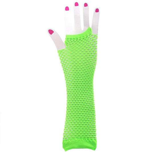 Neon green long fingerless fishnet lace gloves, open-finger style