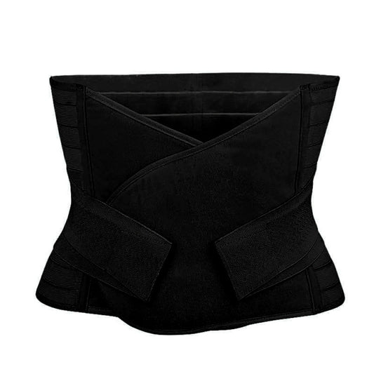 Black postpartum waist support corset belt with wide front panel and hook-style closure