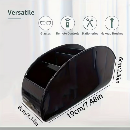 Black acrylic 5-compartment desk organizer with curved front, sized 19cm x 6.8cm