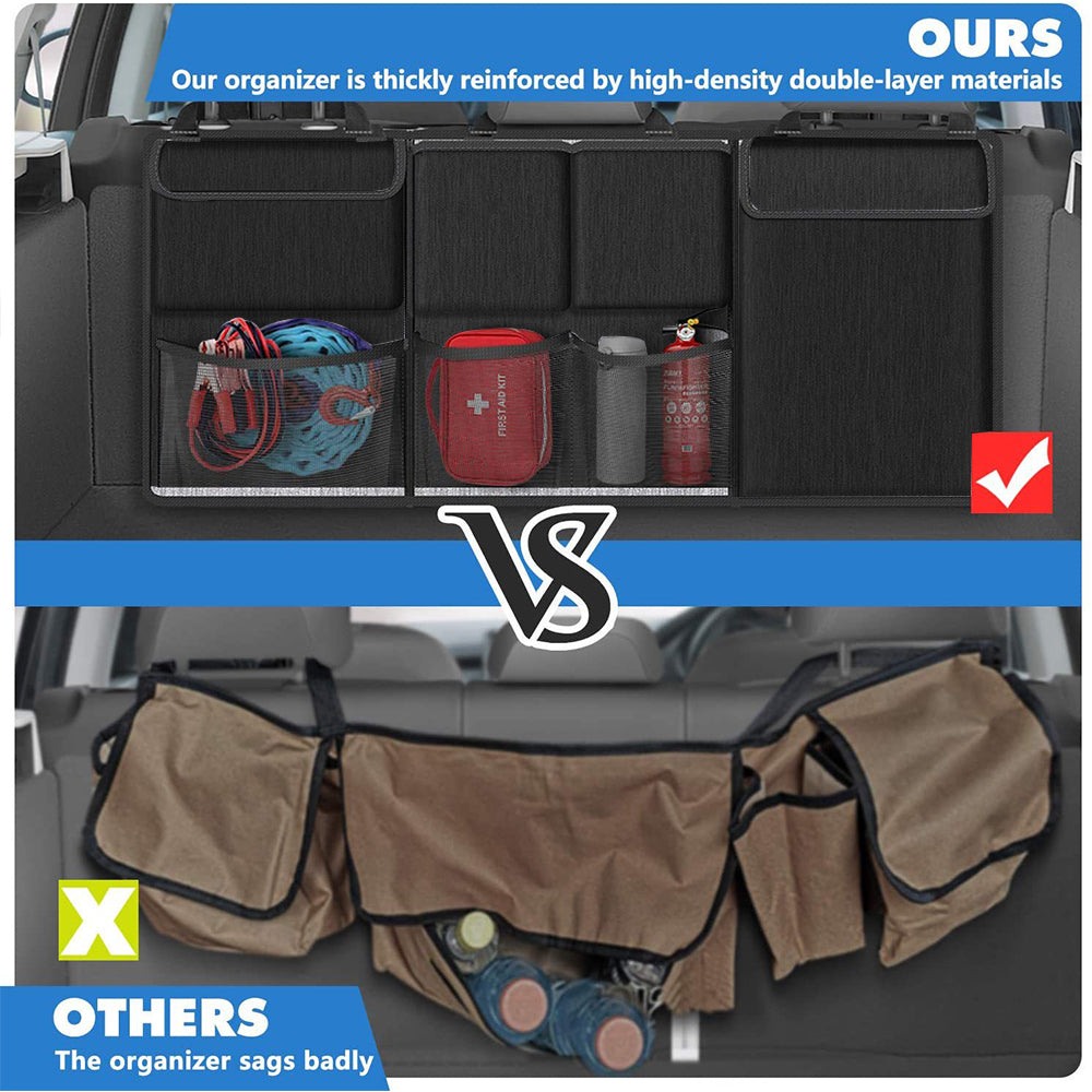 Black reinforced seat-back organizer with thick double-layer zippered pockets