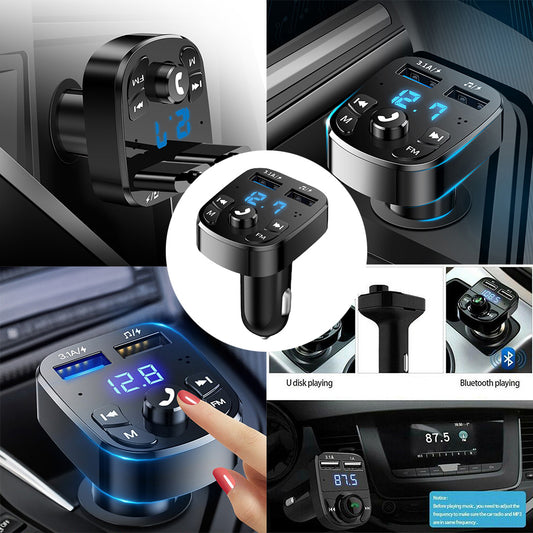 Car Bluetooth FM transmitter with blue LED display, knob controls, and USB charger port