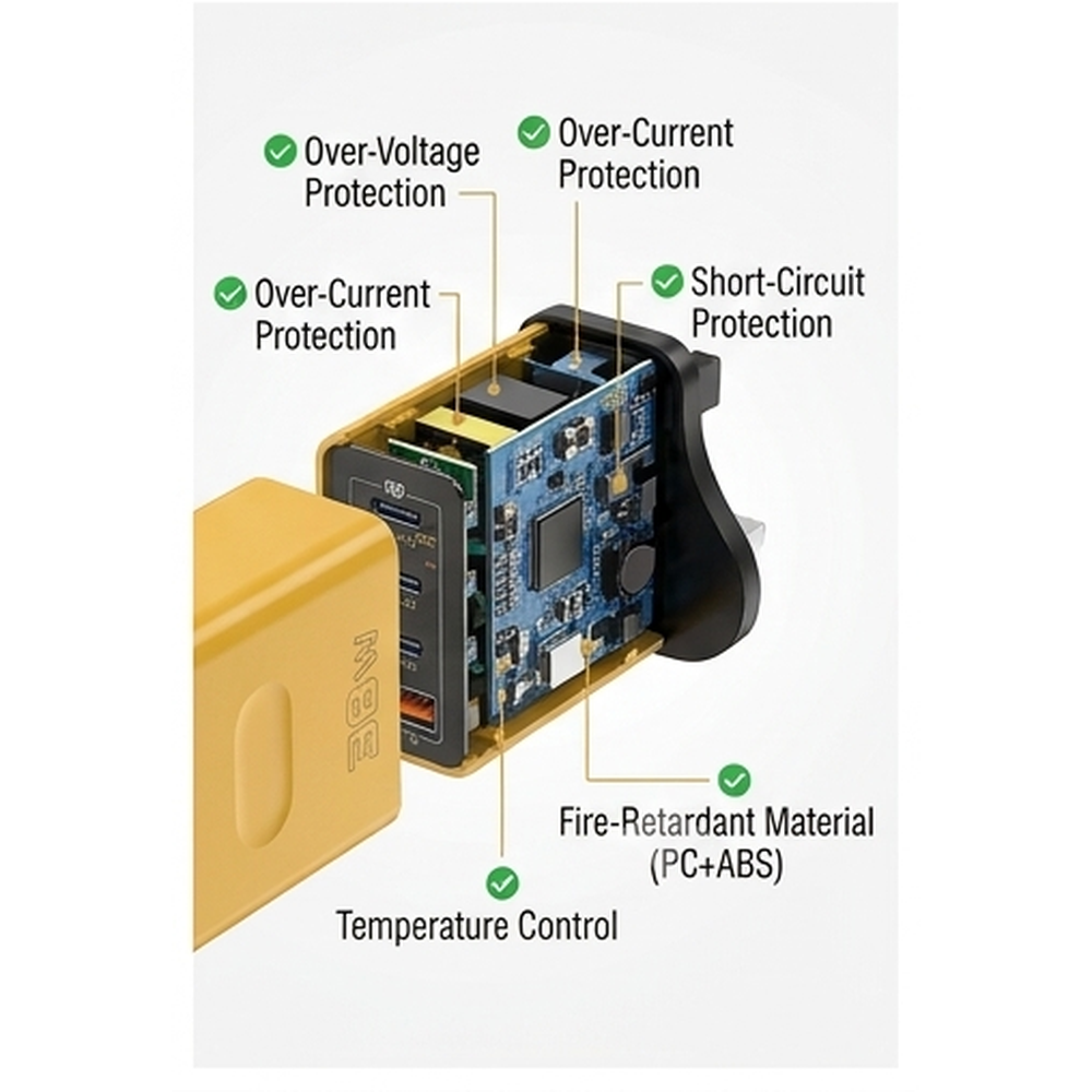 38W charger plug with open housing showing internal circuit board and protections