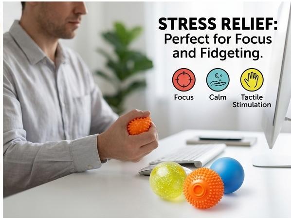 Sensory squish ball set: orange spiky stress ball in hand with other balls nearby