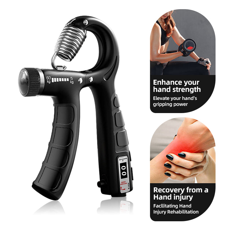 Black hand grip strengthener with coiled spring and adjustable resistance dial