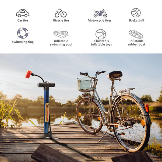 Portable bike floor pump with red connector and black handle grips