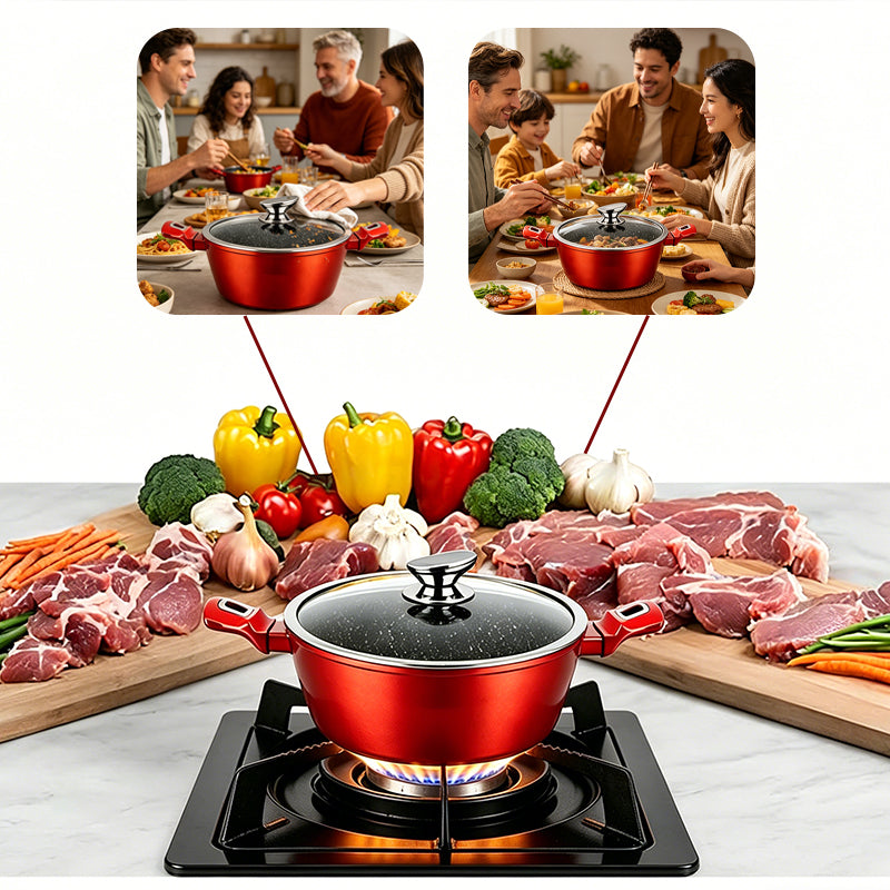Red casserole pot with black lid and red handles on gas burner