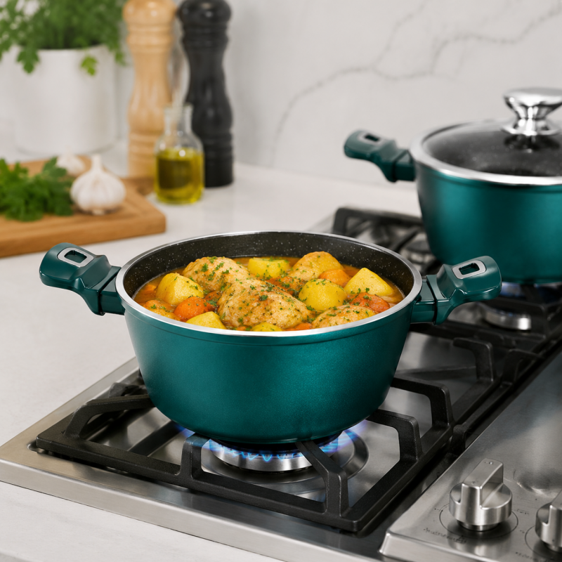 Teal casserole pot on a gas burner with seasoned food, teal side handles