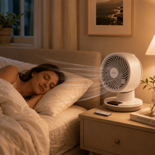 White table fan on nightstand with remote control beside it; front grille visible.