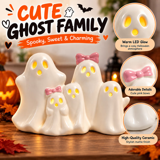 Ceramic LED ghost family figurines with glowing yellow eyes and pink bow details