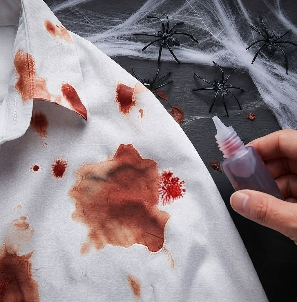 Costume shirt with fake blood stains and applicator bottle held near fabric