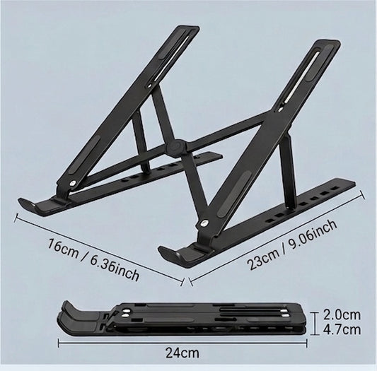 Black folding laptop stand with measured dimensions and slim compact design