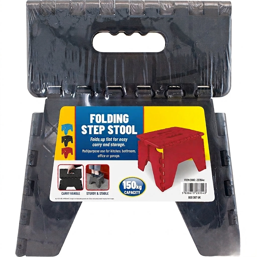 Black folding step stool box with carry handle and fold-out steps