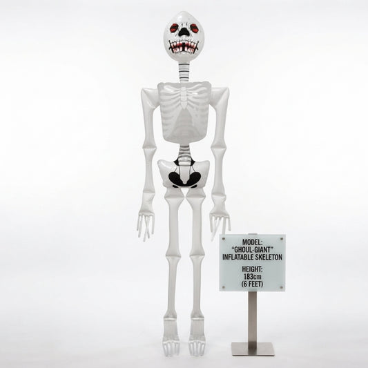 Inflatable white skeleton party decoration, full-body standing figure with red-eyed skull