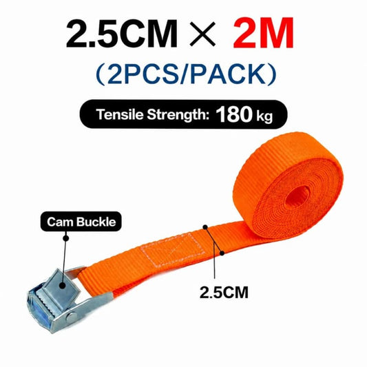Orange cam buckle tie-down strap, 25mm wide x 2m, 2-pack