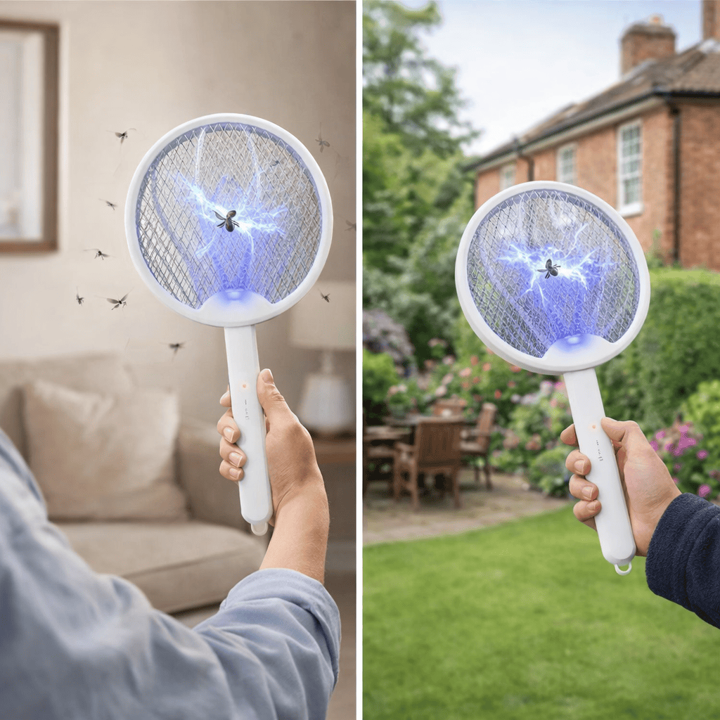 Bug zapper racket with blue glowing mesh head in hand outdoors and near a doorway.