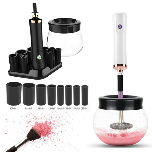 Makeup brush cleaner dryer set with white and black units on a brush holder stand
