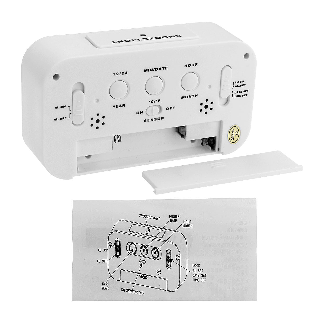 White digital alarm clock rear controls and battery compartment with setting diagram