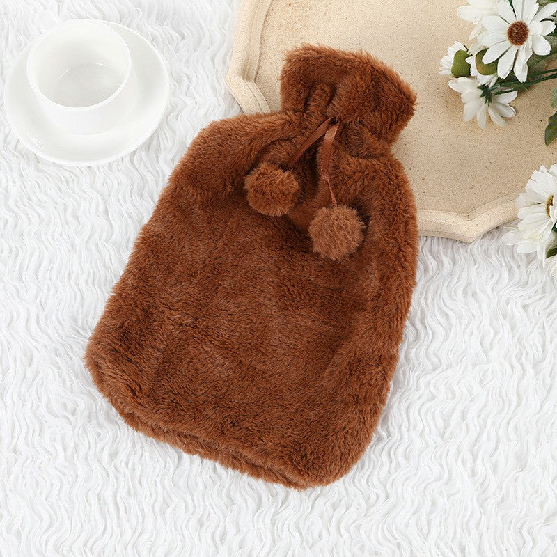 Large hot water bottle with brown plush cover and loop closure