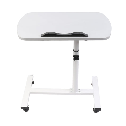 Adjustable overbed table tray with rounded light grey top and black handle, rolling base