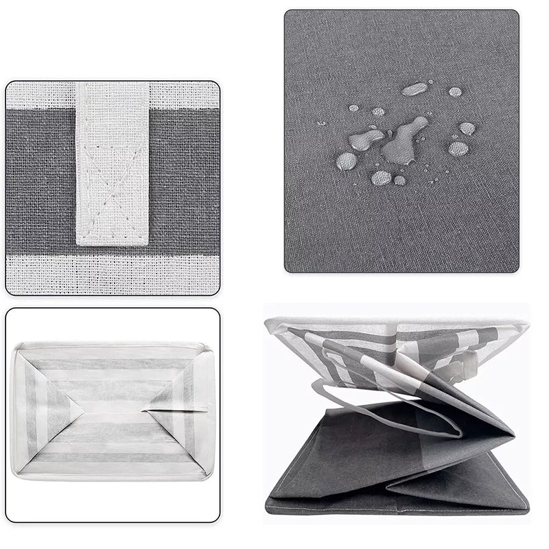 Folding laundry hamper bag in grey with dark base, fabric texture and water-resistance detail