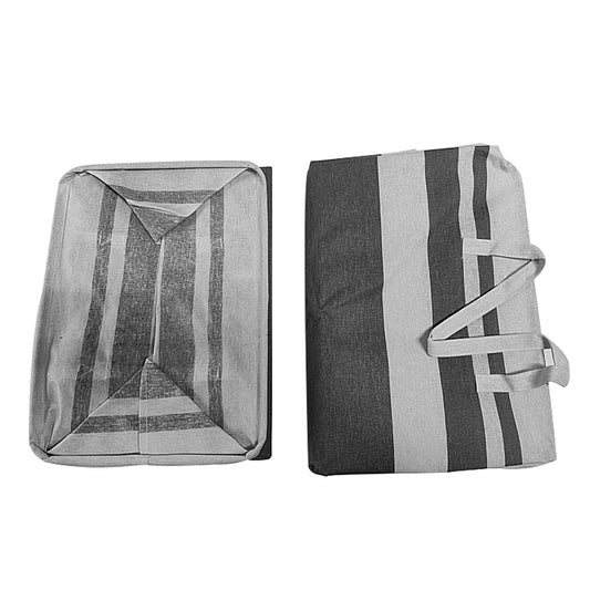 Folding laundry hamper bags, grey striped pattern with front handle straps