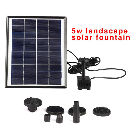Solar fountain water pump kit with blue solar panel, black pump, and included fittings