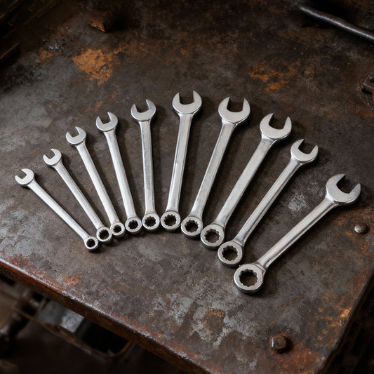 Assorted small combination wrenches laid out on a rusty steel work surface