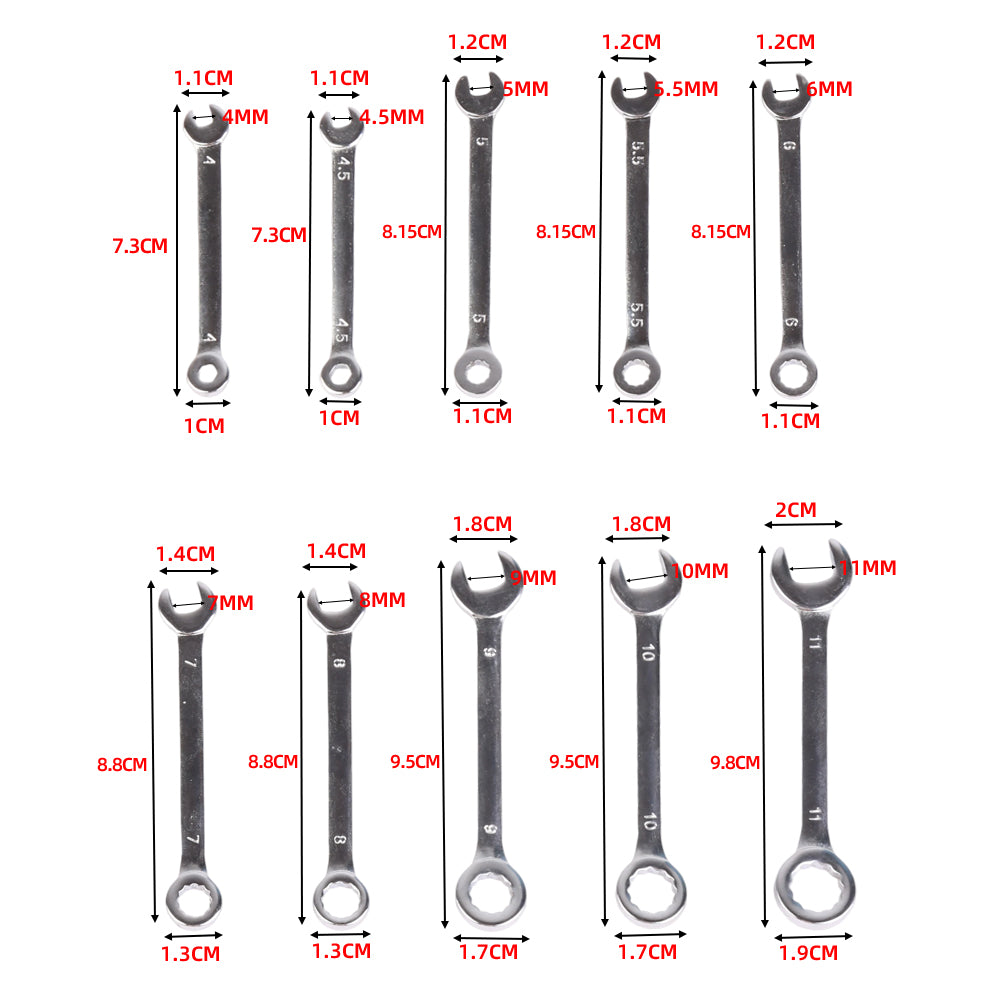 Measurement chart of small combination spanners with open and box-end sizes
