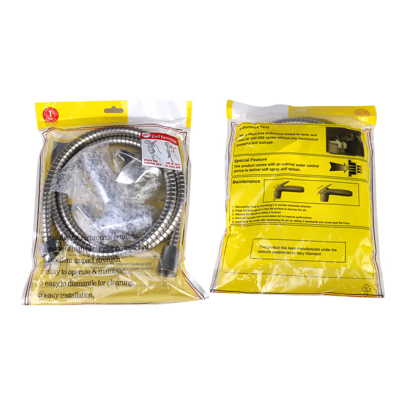 Chrome bidet spray hose set in retail packaging bag with spare connectors
