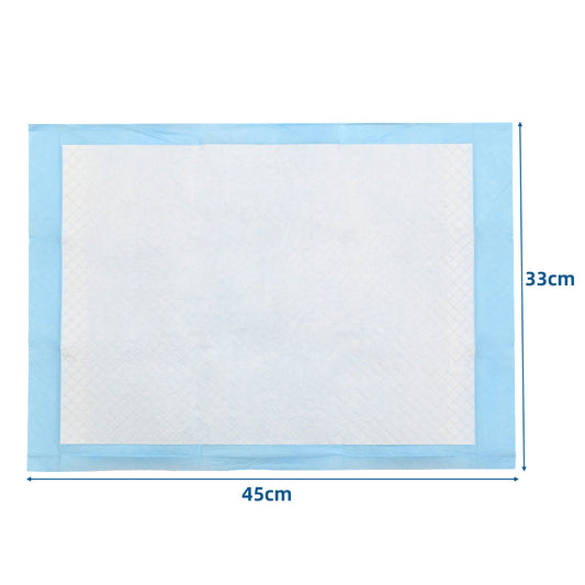 Puppy training pad size 45cm x 33cm with blue border and white center