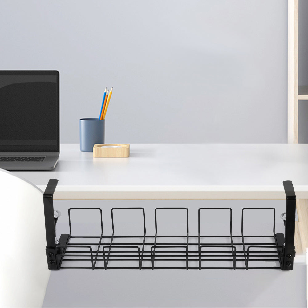 Under-desk cable tray organizer with front bar and wire grid holding cords