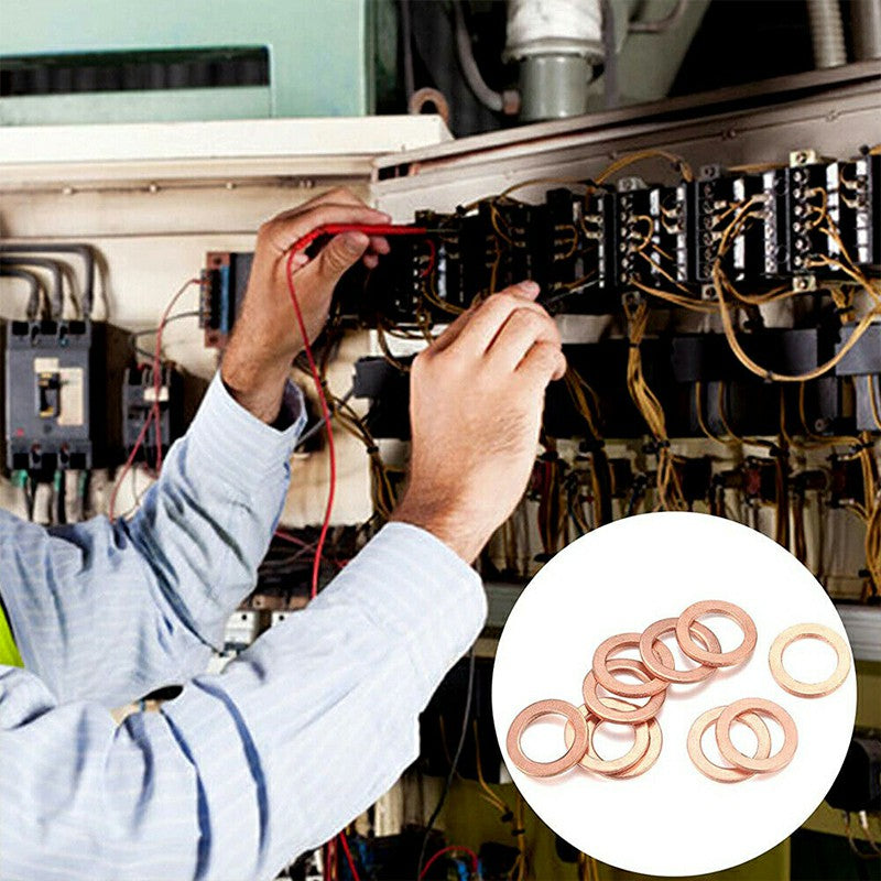Copper crush washers set being installed in an engine bay, flat ring seals