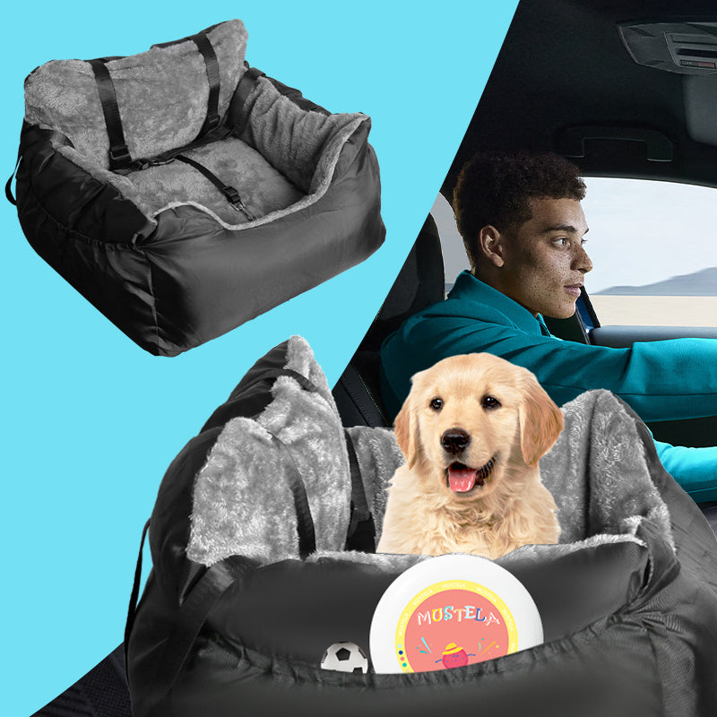 Black and gray plush pet car booster seat with gray headrest and front strap details