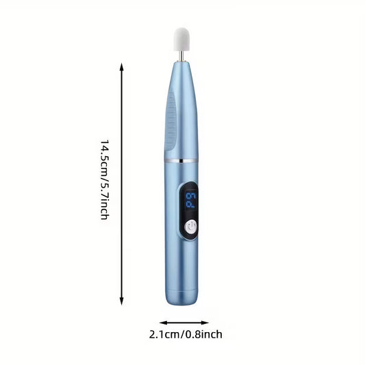 Blue cordless electric nail drill shown with height and width measurement