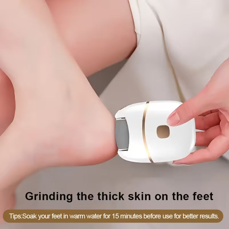 Hands using cordless foot callus grinder on a foot callus area