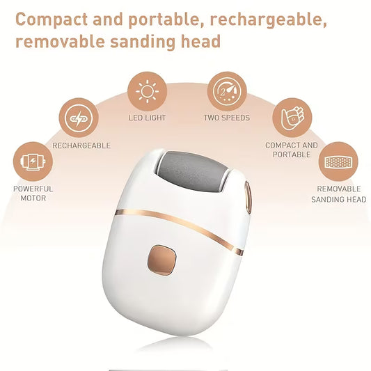 Cordless foot callus grinder with removable gray sanding head and two-speed settings