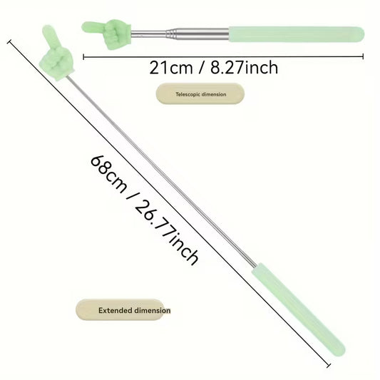 Retractable teacher pointer, green cap and handle, silver telescopic shaft, 21cm length