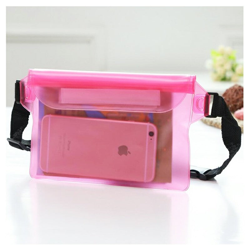 Pink waterproof dry pouch with clear front pocket holding a smartphone and black strap