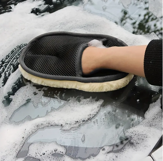 Dark microfiber wash mitt with plush cream cuff and textured mesh palm pocket